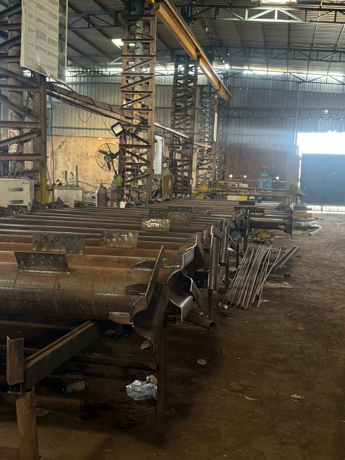 Telecom tower components inside the fabrication workshop